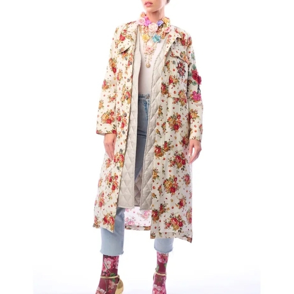 Aratta Jackets & Blazers - Aratta Floral Long Coat with Red and Green Accents With Removable Vest
